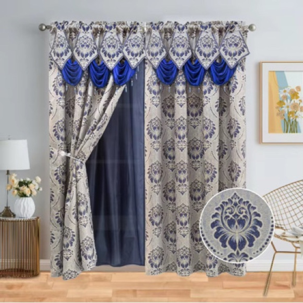 Blue and Cream Ornate Curtains with Tassels and Overlay